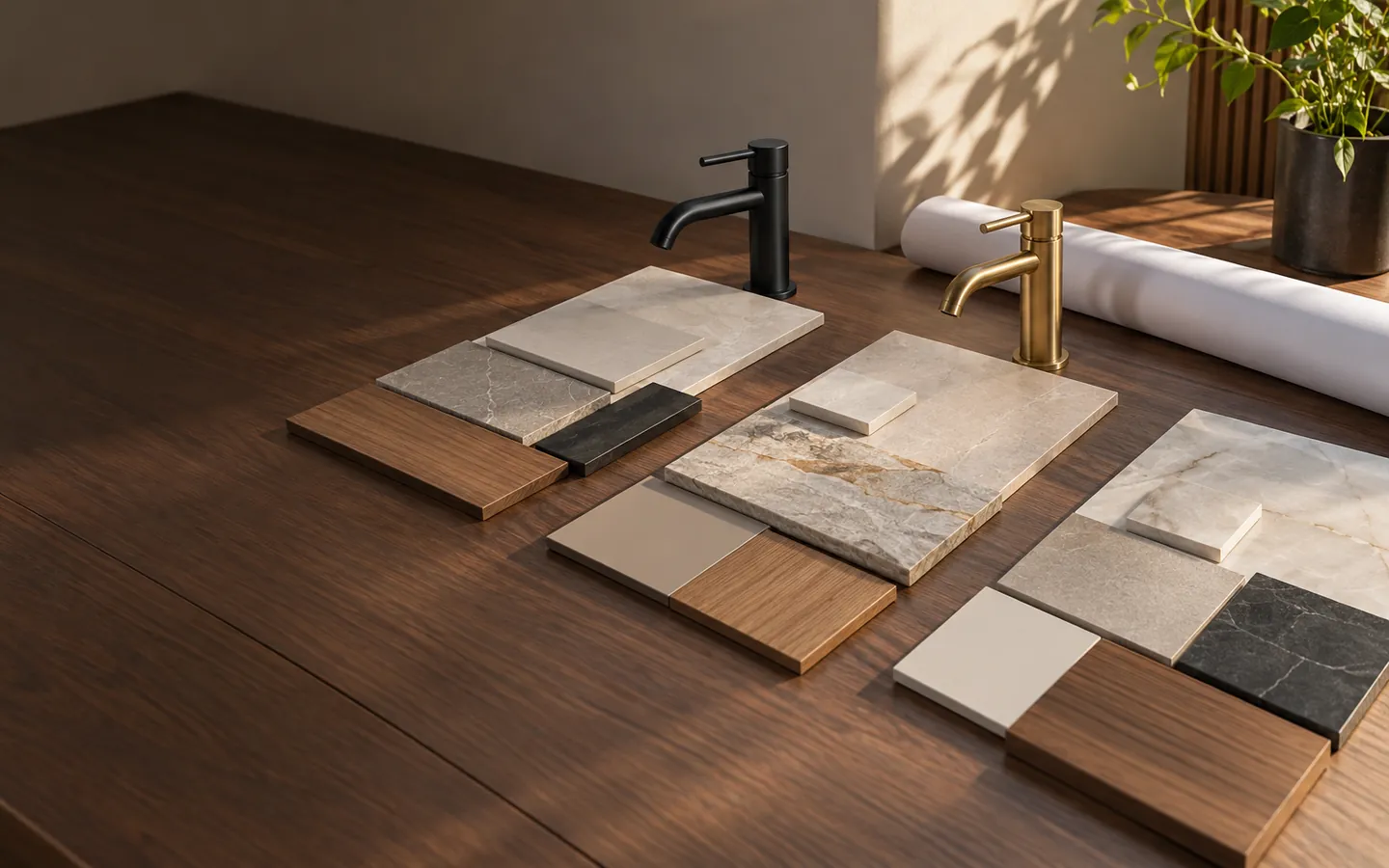 Imagem ilustrativa: amostras de porcelanato, pedra, madeira e metais organizadas em três grupos sobre uma mesa